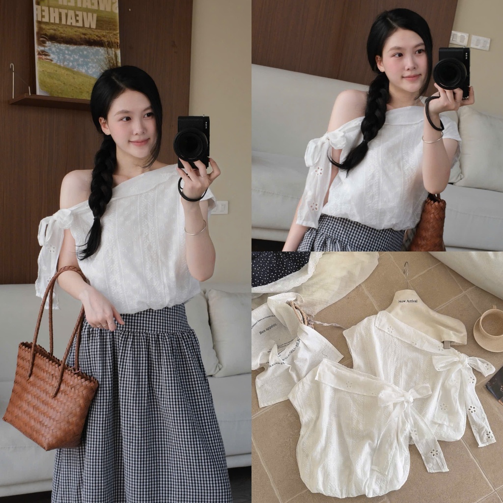 Ivy Top (TSW) Áo thô ren lệch vai buộc nơ Nữ the.sweaterweather