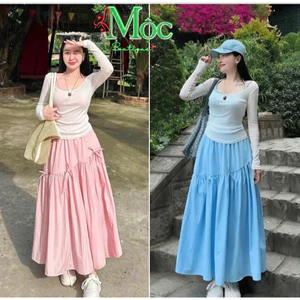 Set bộ 3 món, set áo Thun Giấy có áo lót trong kèm chân váy Đũi Vân Mây dài đính nơ