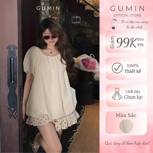 Set bộ kiểu nữ GUMIN thiết kế áo bồng chun kèm quần sooc chấm bi phối viền bèo tiểu thư sang chảnh thanh lịch