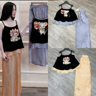 Sét áo hai dây nhung the lót lụa thêu chuột cầm bó hoa + quần xuông lụa