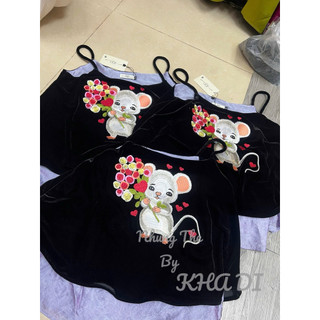 Sét áo hai dây nhung the lót lụa thêu chuột cầm bó hoa + quần xuông lụa