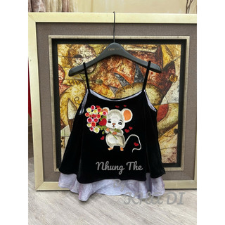 Sét áo hai dây nhung the lót lụa thêu chuột cầm bó hoa + quần xuông lụa
