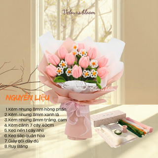 (Set Tự Làm) Bó Hoa Tulip Kẽm Nhung Handmade Mix Hoa Cúc Trắng Và Hoa Lily Hồng - Vẻ Đẹp Tinh Tế, Bền Lâu