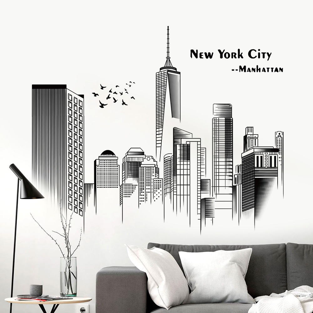 Decal Dán Tường Thành Phố New York Hiện Đại Có Keo Sẵn 100x83cm - Trang Trí Không Gian