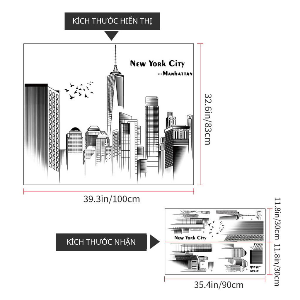 Decal Dán Tường Thành Phố New York Hiện Đại Có Keo Sẵn 100x83cm - Trang Trí Không Gian