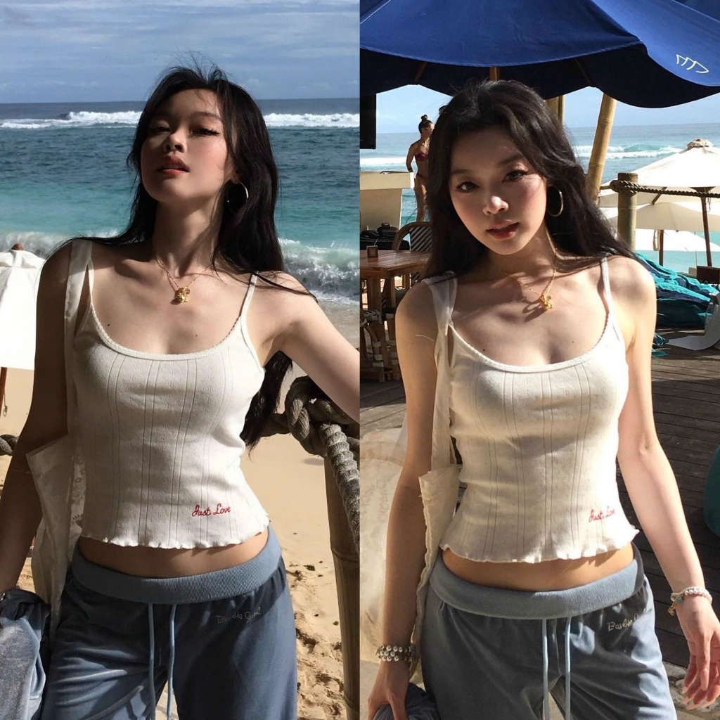 (sẵn)Áo sát nách 2 dây màu trắng chữ JUST LOVE thêu đỏ nữ tính ASN086 - Tiktik