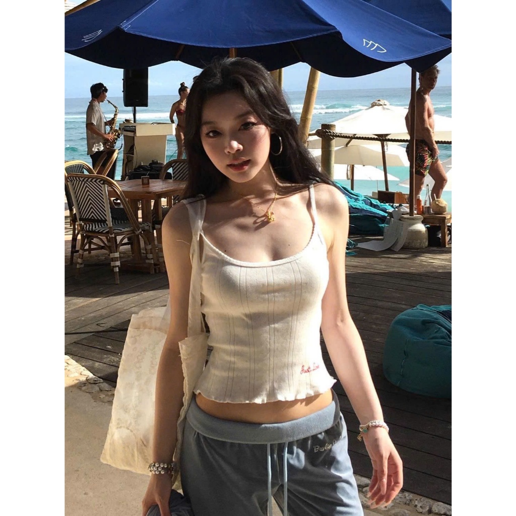 (sẵn)Áo sát nách 2 dây màu trắng chữ JUST LOVE thêu đỏ nữ tính ASN086 - Tiktik