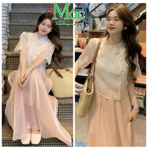 Set váy dài, đồ nữ Tết hán phục thiết kế Tơ thêu hoa áo nút tàu tua rua mix váy dài Voan Tơ 2 lớp
