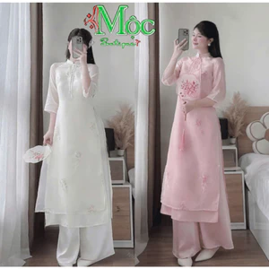Set áo dài, set cách tân đi lễ Tết chất Tơ thêu hoa cườm cài nút cổ cột nơ mix quần dài Tuyết Mưa