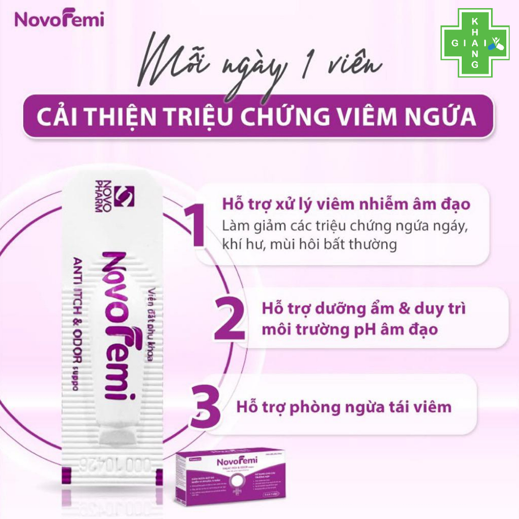 [CHE TÊN SP] Viên đặt giảm ngứa, khử mùi NovoFemi tím (Hộp 14 viên)   *Khách mua 7 viên thì không có hộp