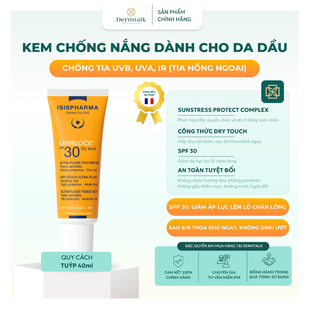 Kem chống nắng dành cho da dầu Isispharma UVEBLOCK SPF 30 Dry touch 40ml - Kem chống nắng kiềm dầu, mịn lì tự nhiên