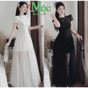 Đầm váy dài, đầm dự tiệc dáng dài chất Ren Hoa phối Voan tầng hai lớp cổ tròn tay hến sang trọng