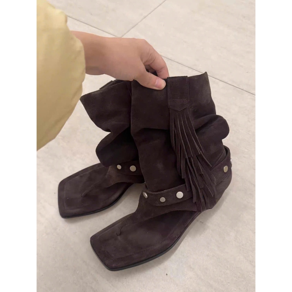 (Sẵn kaki 36) Giày Sandal Nữ Kiểu Dáng Mới Xuân/Hè 2026, Gót Chunky, Hở Mũi, Phong Cách Cao Bồi Miền Tây