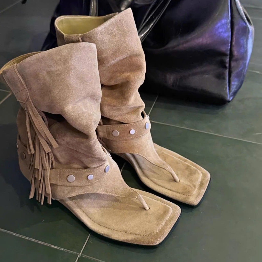 (Sẵn kaki 36) Giày Sandal Nữ Kiểu Dáng Mới Xuân/Hè 2026, Gót Chunky, Hở Mũi, Phong Cách Cao Bồi Miền Tây
