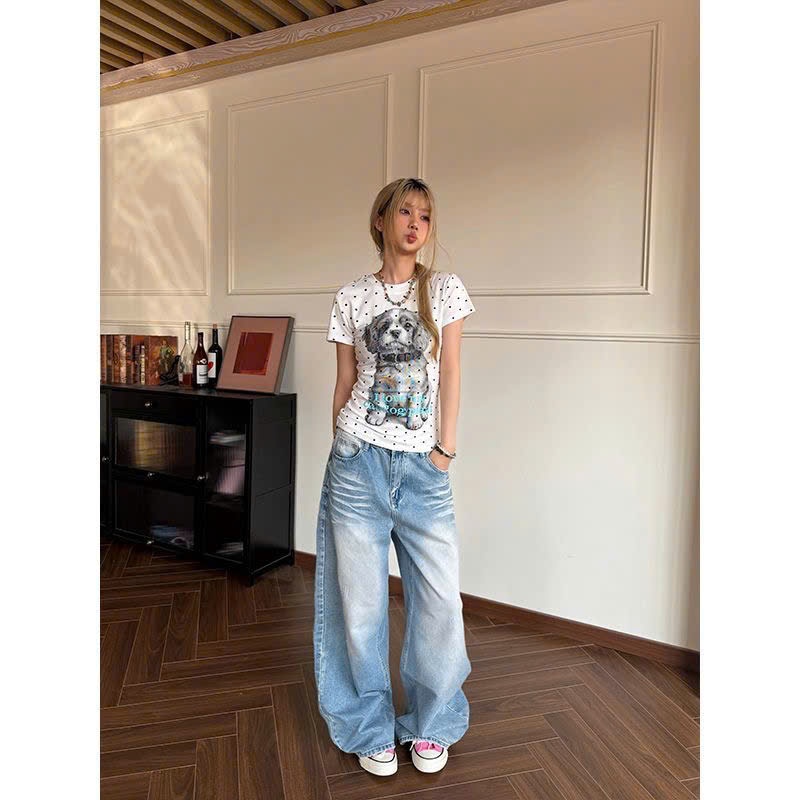 (sẵn)Áo thun baby tee chấm bi hình cún chữ I LOVE MY CAT DOG màu ghi trắng chất cotton ATNT025 - Tiktik