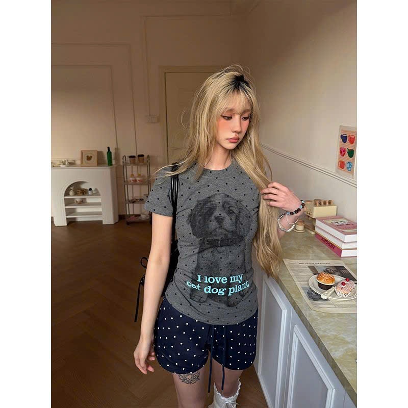 (sẵn)Áo thun baby tee chấm bi hình cún chữ I LOVE MY CAT DOG màu ghi trắng chất cotton ATNT025 - Tiktik