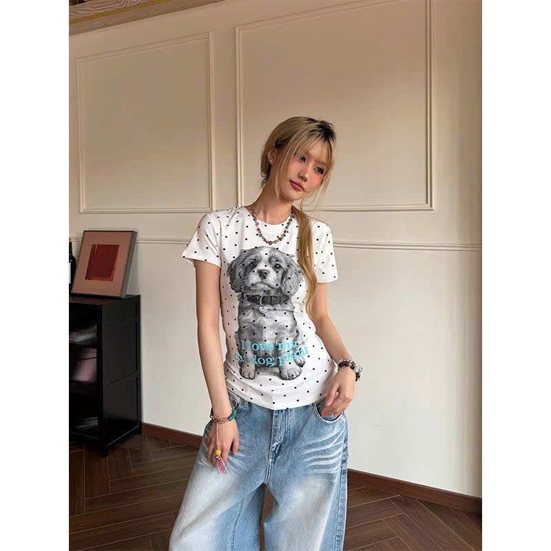 (sẵn)Áo thun baby tee chấm bi hình cún chữ I LOVE MY CAT DOG màu ghi trắng chất cotton ATNT025 - Tiktik