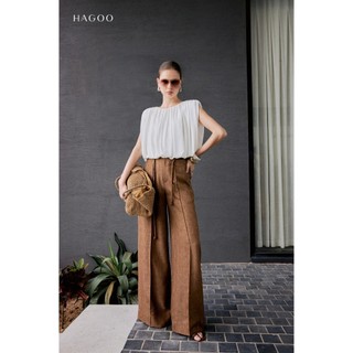 Quần suông bấu ly kèm dây đai HAGOO cạp diễu 2 màu Nâu/Trắng thiết kế cao cấp [Q760]