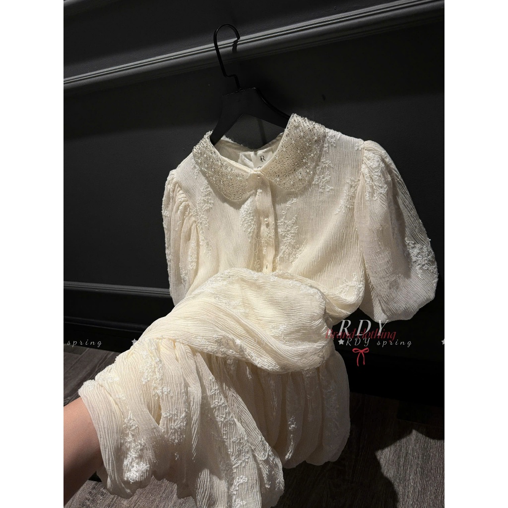 ZIMM STORE-Bộ Áo Kiểu Ren Cổ Đức Tay Bồng & Chân Váy Ngắn Xòe Ren Nữ Tính Thời Trang