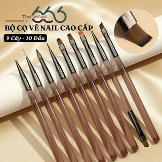 Bộ 9 Cọ Nail 10 Đầu Cao Cấp Cán Nâu Nude – Full Cọ Liner, Oval, Bản, Vát Vẽ Gel & Design Chuyên Dụng Chuẩn Salon Nail666
