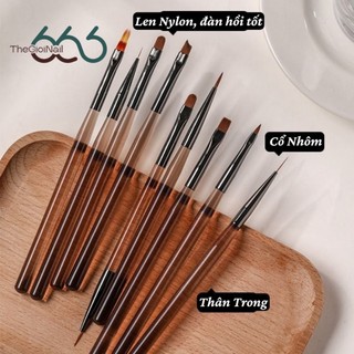 Bộ 9 Cọ Nail 10 Đầu Cao Cấp Cán Nâu Nude – Full Cọ Liner, Oval, Bản, Vát Vẽ Gel & Design Chuyên Dụng Chuẩn Salon Nail666