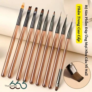 Bộ 9 Cọ Nail 10 Đầu Cao Cấp Cán Nâu Nude – Full Cọ Liner, Oval, Bản, Vát Vẽ Gel & Design Chuyên Dụng Chuẩn Salon Nail666