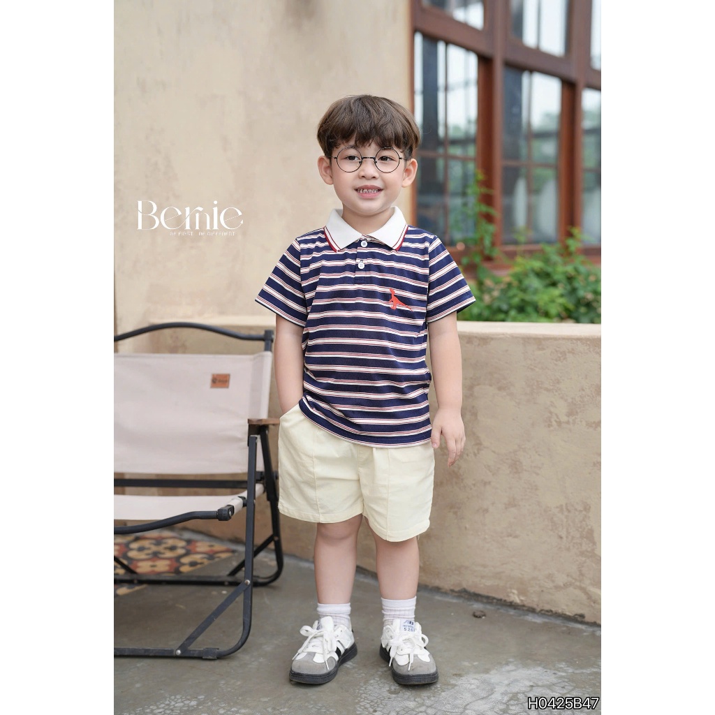 (Hãng Bernie)Bộ quần áo polo cộc tay polo họa tiết kẻ khủng long ,.chất áo cotton co giãn phối quần kaki jean mềm mại