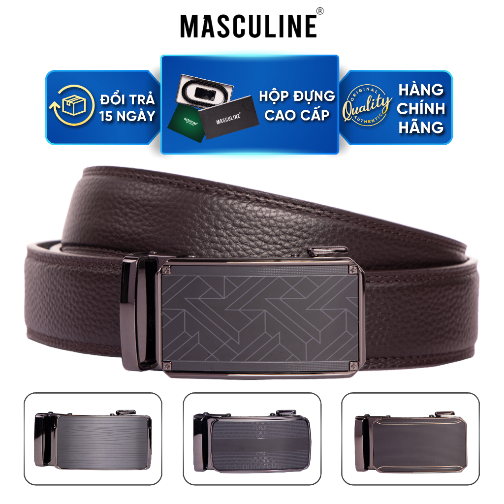 Thắt lưng nam MASCULINE DLN600 - Dây da bò vân hạt khóa lăn tự động bản 3.5cm có 4 mặt khóa lựa chọn