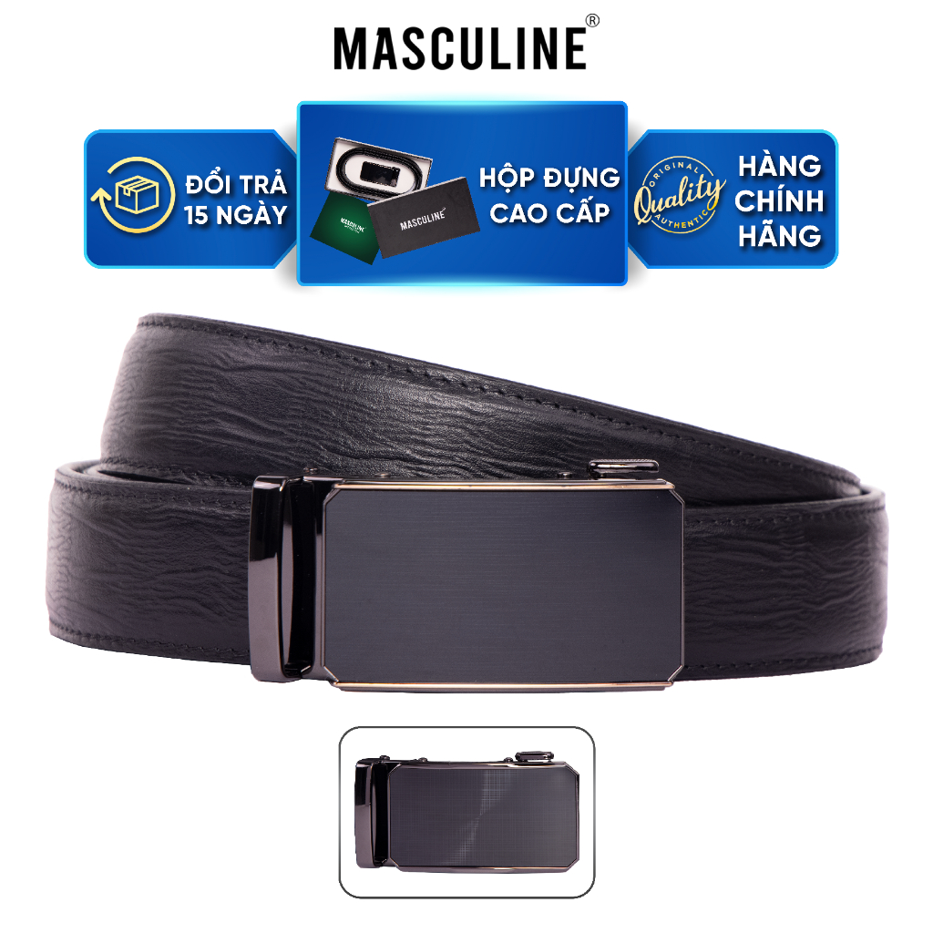 Thắt lưng nam MASCULINE DLN603 - Dây da bò vân sợi may viền khóa lăn tự động bản 3.5cm có 2 mặt khóa