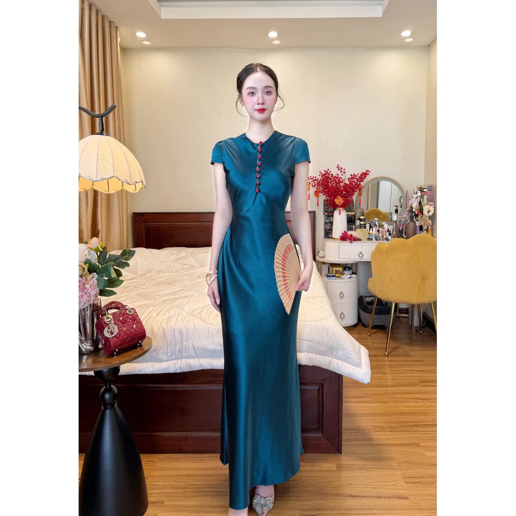 Đầm lụa mãi nút bọc hàng mấy hai lớp chất vải mềm mịn thích hợp đi làm đi tiệc đi chơi - pusu house