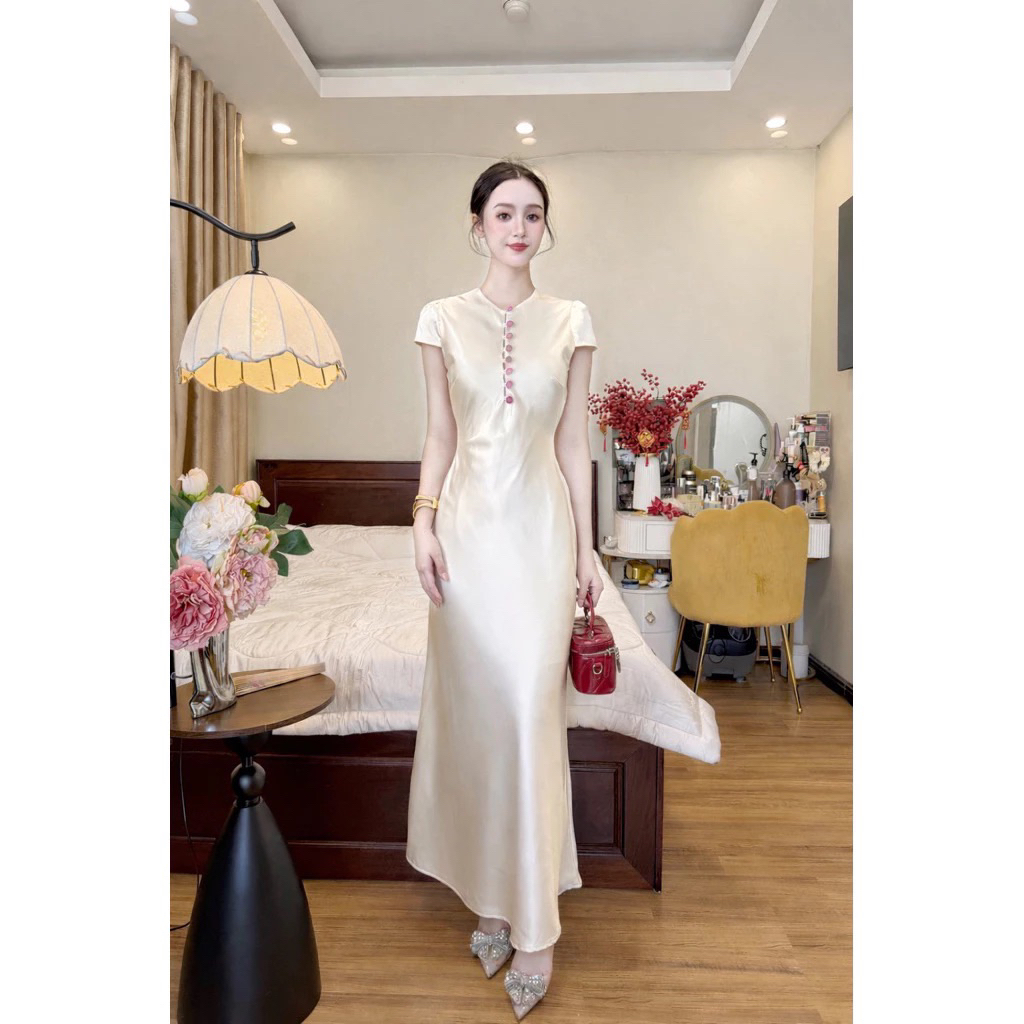 Đầm lụa mãi nút bọc hàng mấy hai lớp chất vải mềm mịn thích hợp đi làm đi tiệc đi chơi - pusu house