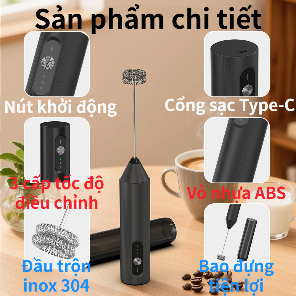 Máy Tạo Bọt Mini Đa Năng Cầm Tay 3 Cấp Tốc Độ, Sạc USB Dùng Cho Cà Phê, Sữa Bột, Sữa Tươi