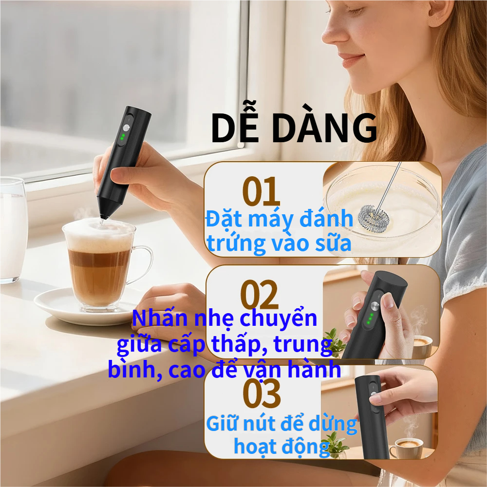 Máy Tạo Bọt Mini Đa Năng Cầm Tay 3 Cấp Tốc Độ, Sạc USB Dùng Cho Cà Phê, Sữa Bột, Sữa Tươi