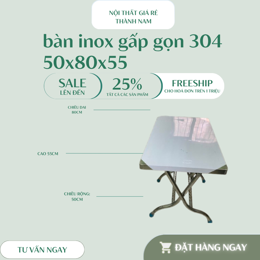 BÀN INOX 201 CHỮ NHẬT GẤP GỌN – TIỆN LỢI, BỀN ĐẸP CHẮC CHẮN