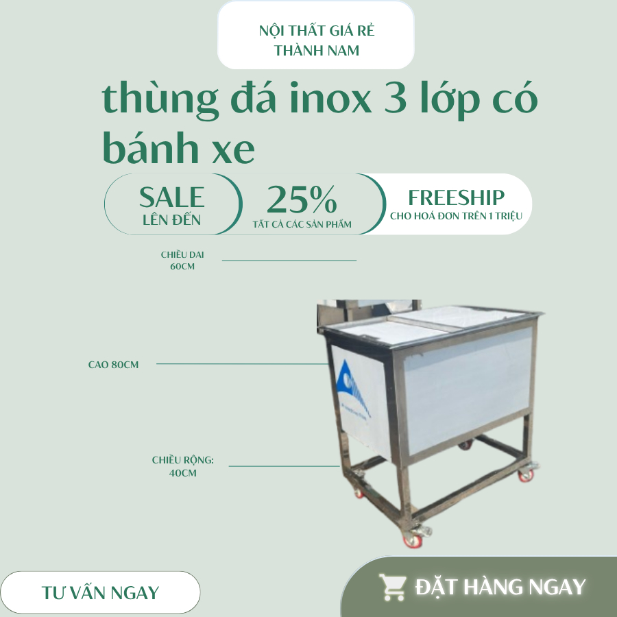 Thùng đá inox giữ nhiệt 3 lớp – Thùng đá inox đựng nước đá, giữ lạnh lâu, bền đẹp