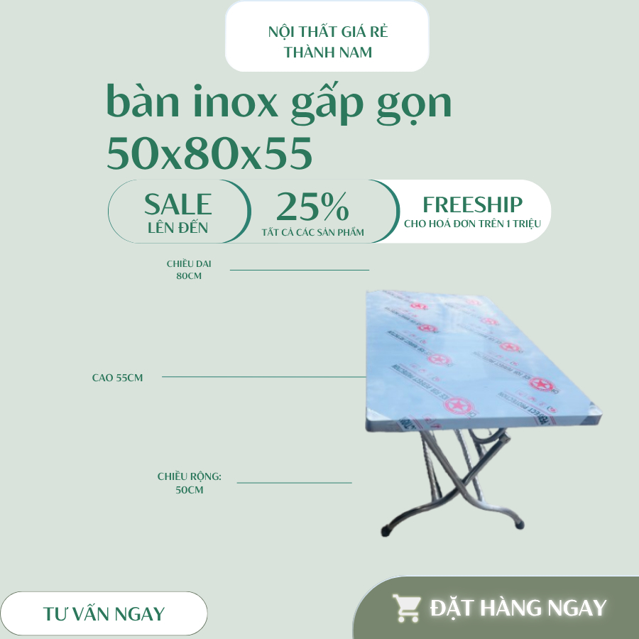 BÀN INOX CHỮ NHẬT GẤP GỌN – TIỆN LỢI, BỀN ĐẸP ( SHIP HỎA TỐC)