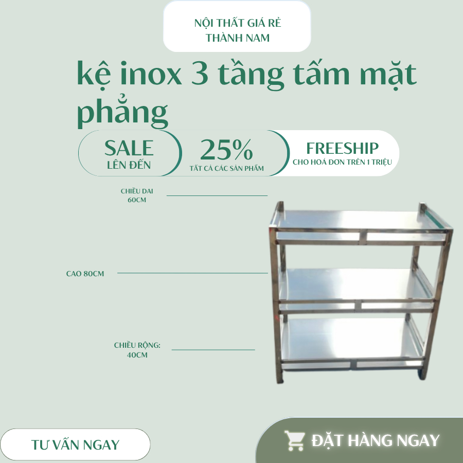 kệ inox 3 tầng tấm mặt phẳng để đồ dụng cụ nhà bếp