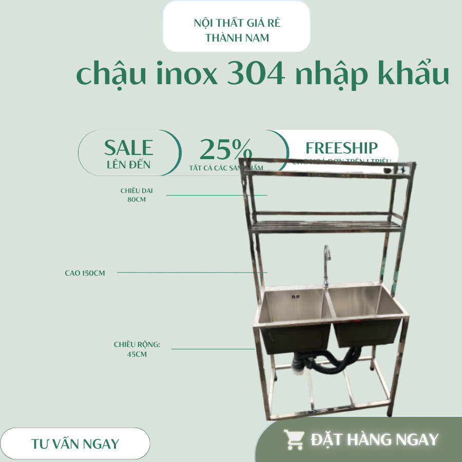 Chậu rửa inox đúc 304 có kệ bền đẹp (đầy đủ vòi + xả)