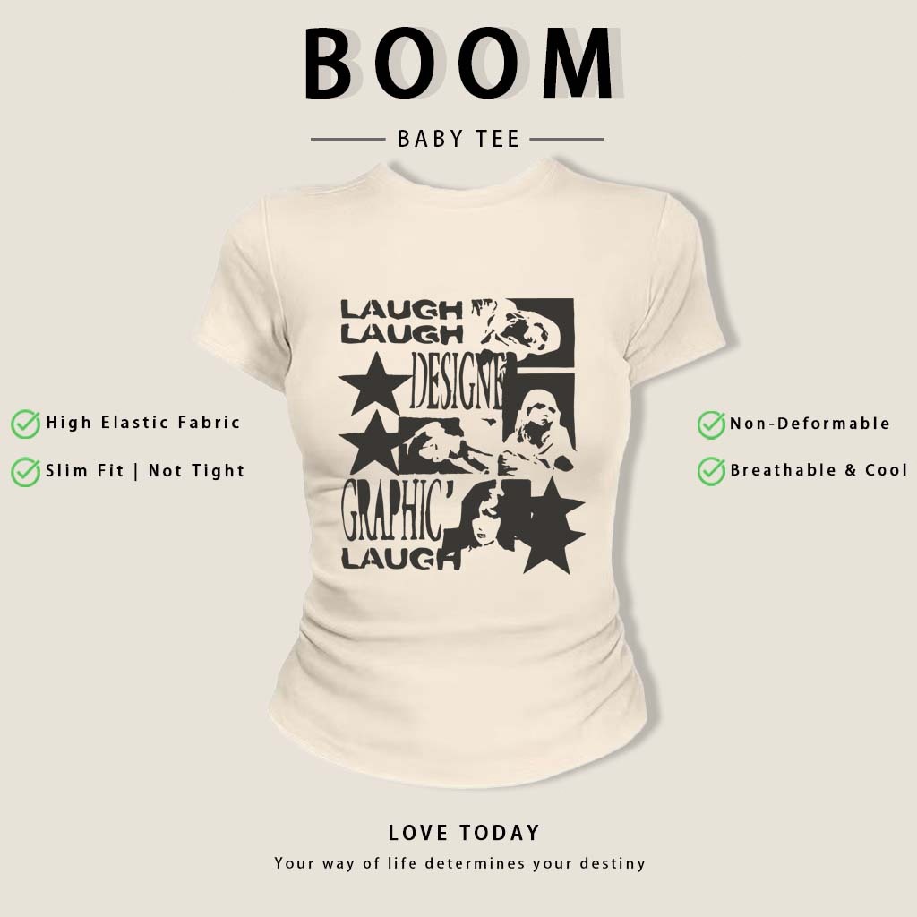 BOOM Áo Baby Tee Nữ Cotton Ôm Body-Áo Thun Ngắn Tay Y2K In Hình PhongCách Mùa Hè, Cổ Tròn Hàng Đầucách hàn quốc phong #1