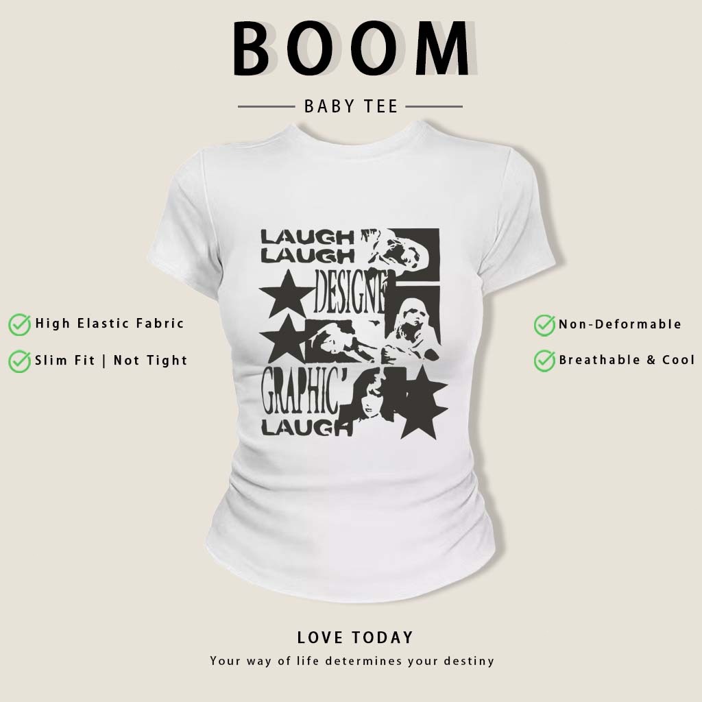 BOOM Áo Baby Tee Nữ Cotton Ôm Body-Áo Thun Ngắn Tay Y2K In Hình PhongCách Mùa Hè, Cổ Tròn Hàng Đầucách hàn quốc phong #1