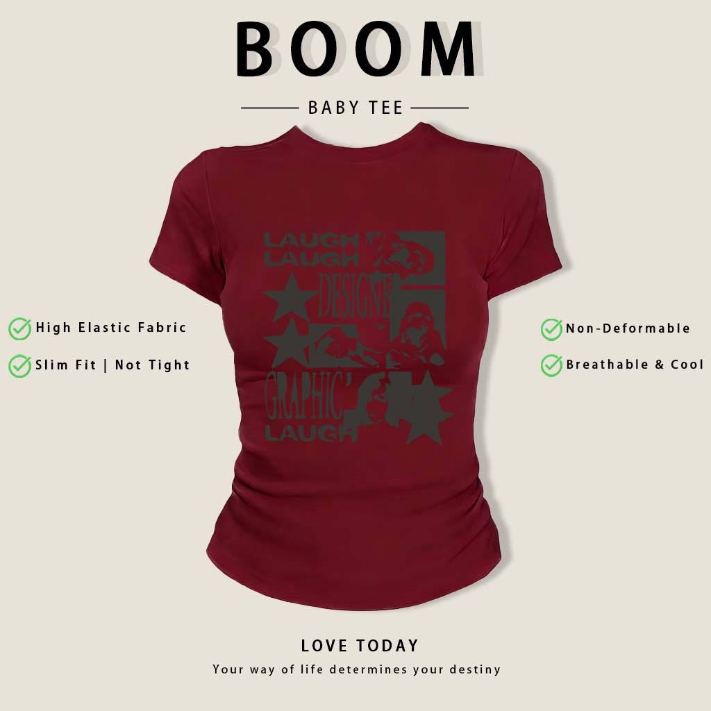 BOOM Áo Baby Tee Nữ Cotton Ôm Body-Áo Thun Ngắn Tay Y2K In Hình PhongCách Mùa Hè, Cổ Tròn Hàng Đầucách hàn quốc phong #1