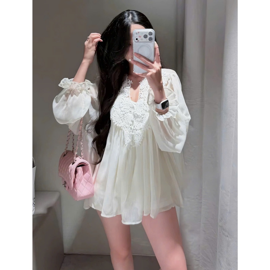 Áo babydoll voan tơ cổ V phối viền ren tay bồng dài tay sang chảnh tiểu thư dành cho nữ by CHAMIE A 7013