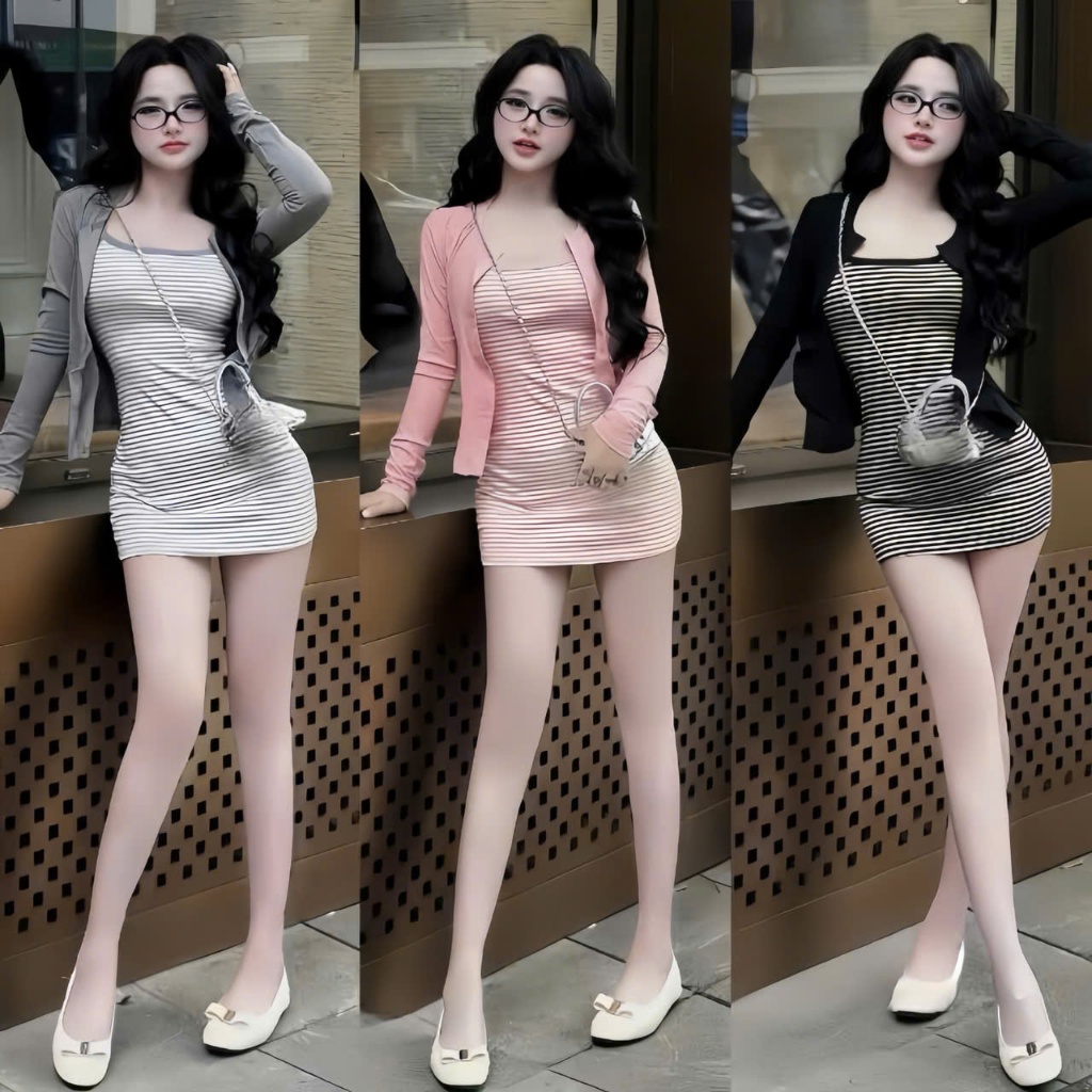 Sét đầm 2 dây sọc ngang phối khoác,chất thun tăm thời trang trẻ trung