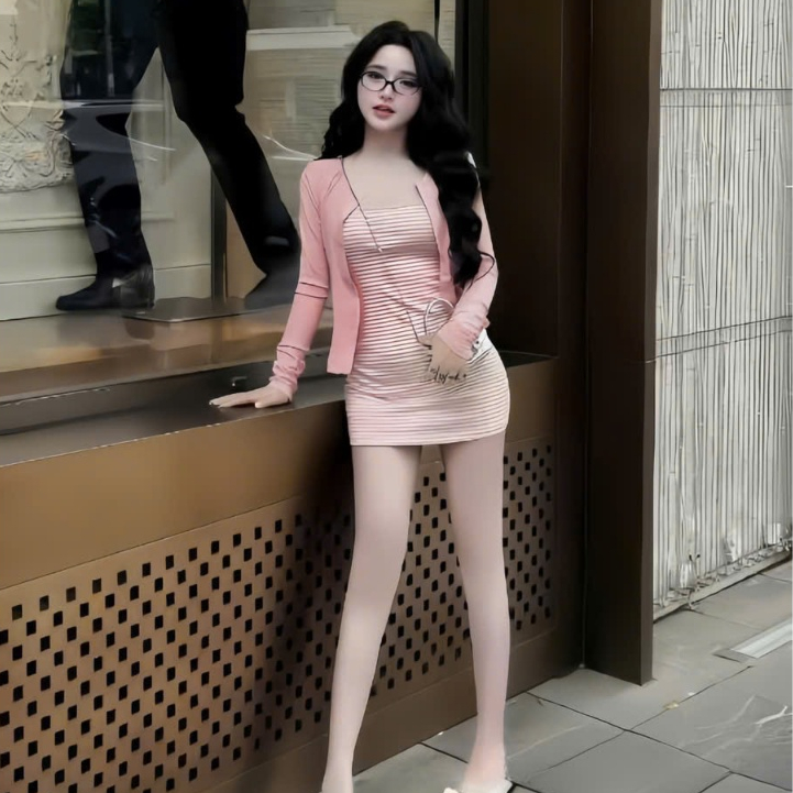 Sét đầm 2 dây sọc ngang phối khoác,chất thun tăm thời trang trẻ trung