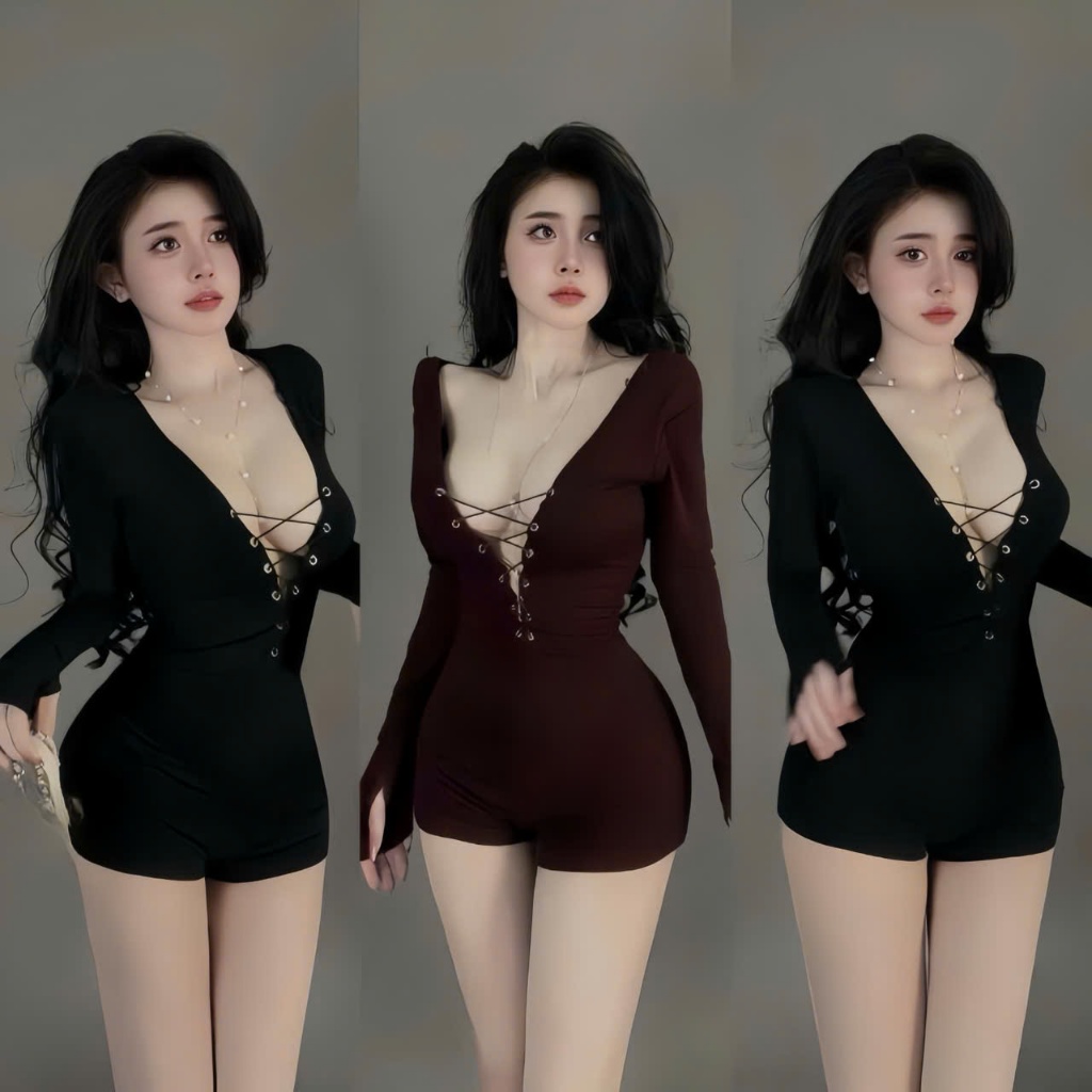 JUM  đùi cổ V khoét sâu đan dây ,tay dài, chất thun Ladong sành điệu thời trang