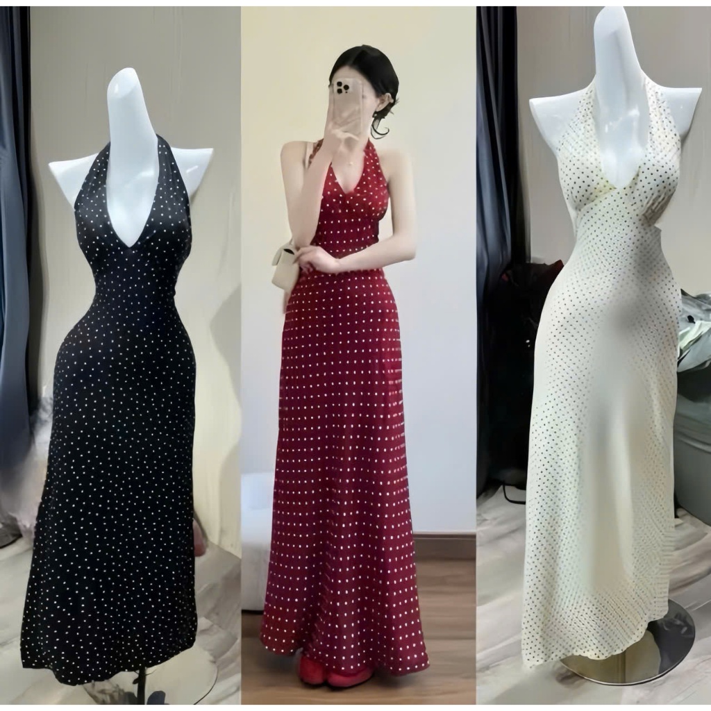 ĐẦM yếm chấm bi dáng dài có mút,chất thun tăm thời trang