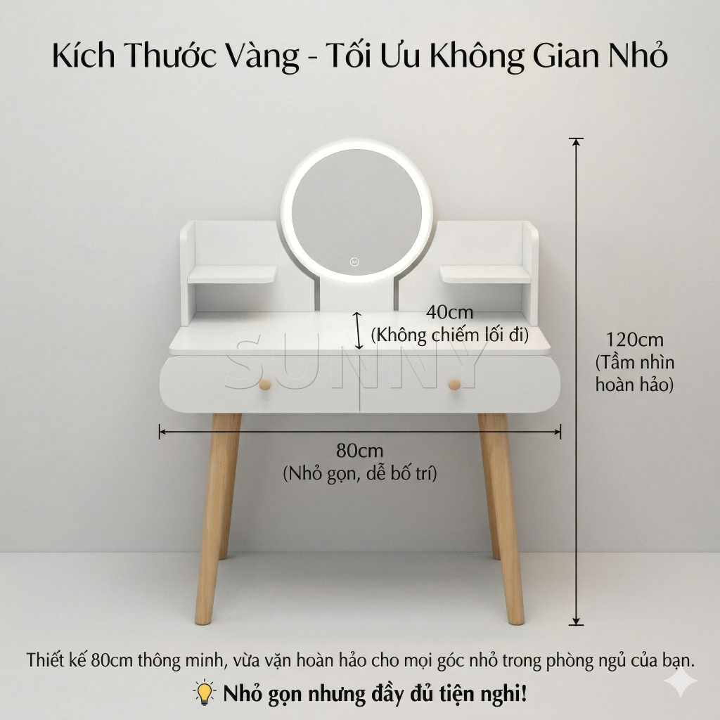 Sunny Bàn Trang Điểm Bàn Làm Việc 2in1 Gương LED Cảm Ứng 2 Ngăn Kéo Kệ Mỹ Phẩm Nhỏ Gọn Hiện Đại