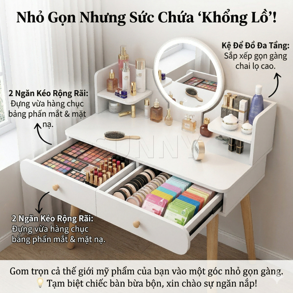 Sunny Bàn Trang Điểm Bàn Làm Việc 2in1 Gương LED Cảm Ứng 2 Ngăn Kéo Kệ Mỹ Phẩm Nhỏ Gọn Hiện Đại