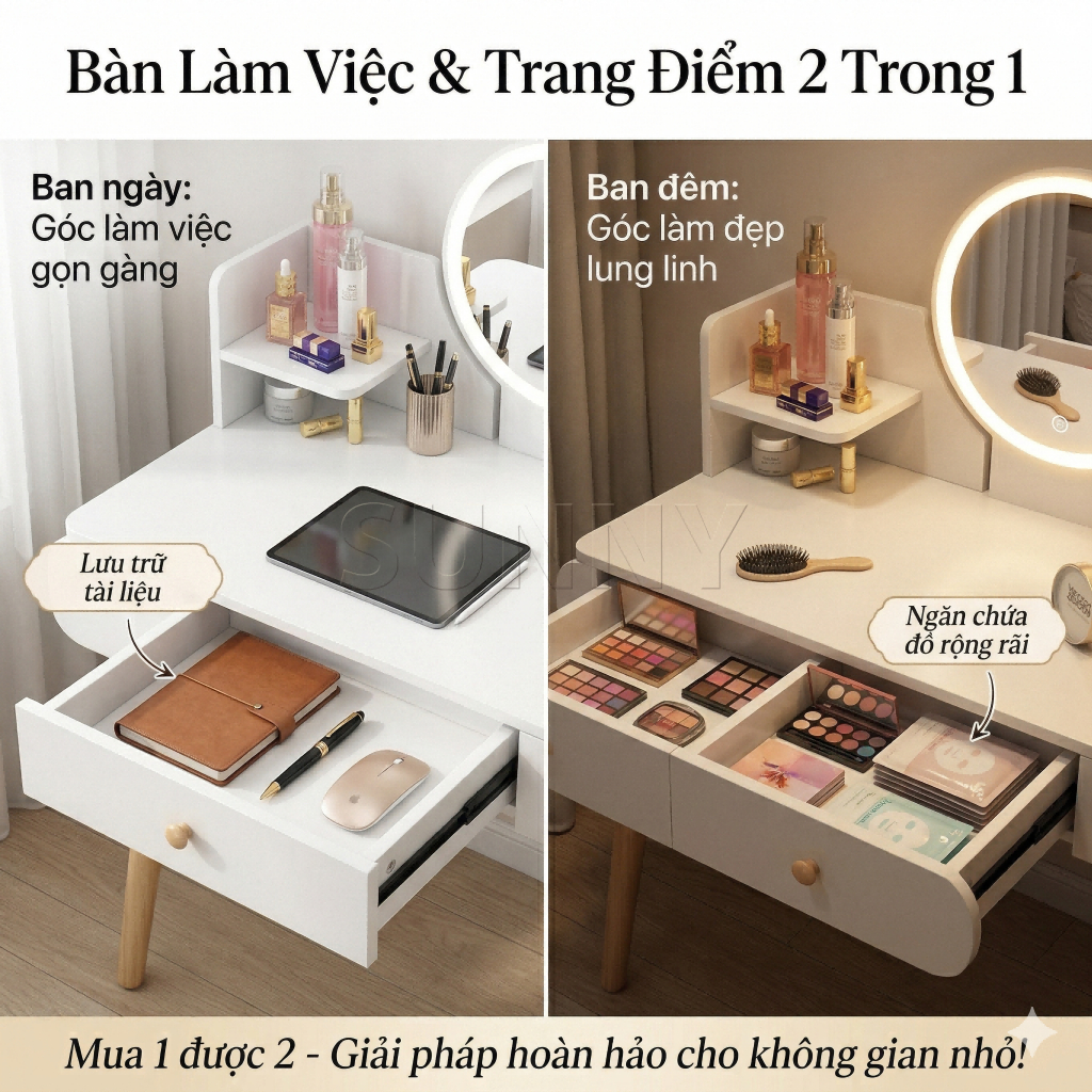 Sunny Bàn Trang Điểm Bàn Làm Việc 2in1 Gương LED Cảm Ứng 2 Ngăn Kéo Kệ Mỹ Phẩm Nhỏ Gọn Hiện Đại