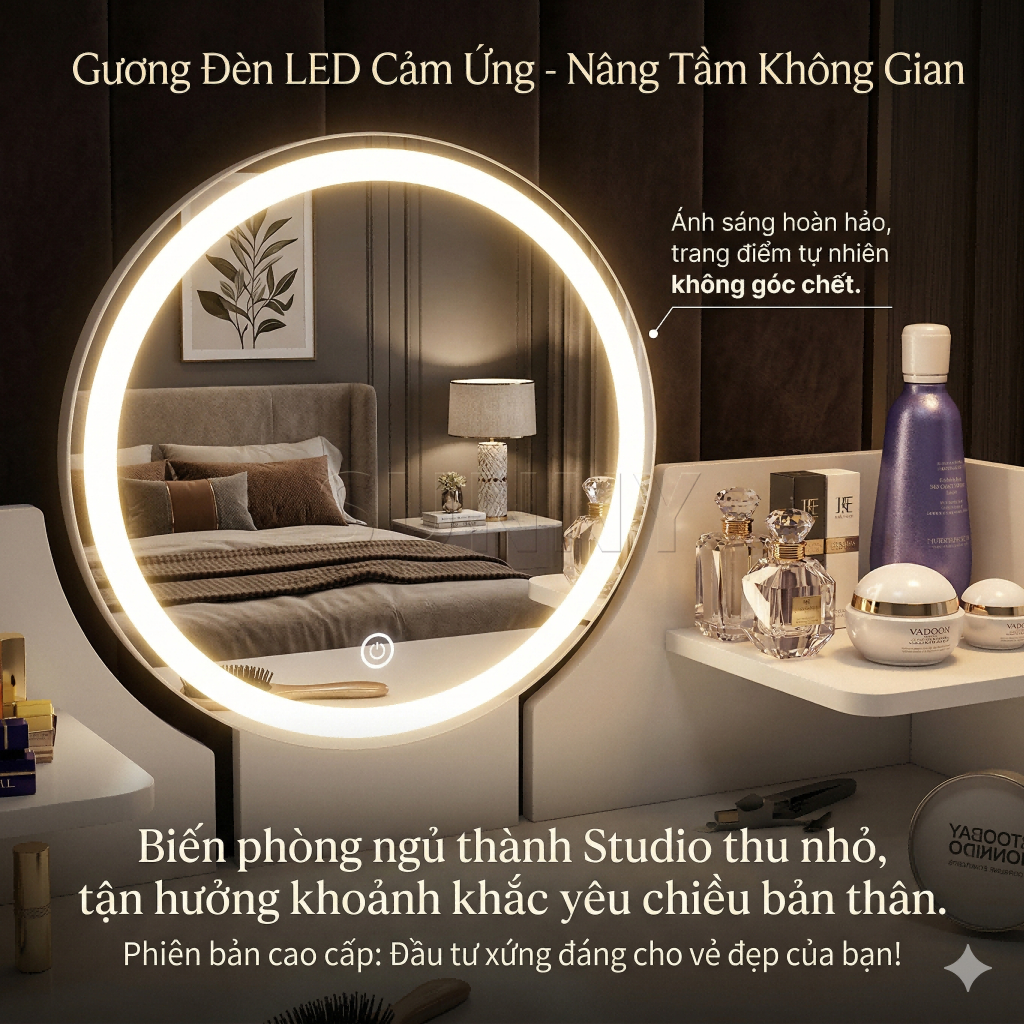 Sunny Bàn Trang Điểm Bàn Làm Việc 2in1 Gương LED Cảm Ứng 2 Ngăn Kéo Kệ Mỹ Phẩm Nhỏ Gọn Hiện Đại